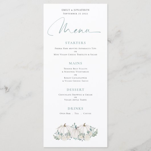 Moderne witpompoenen bruiloft menu (Voorkant)
