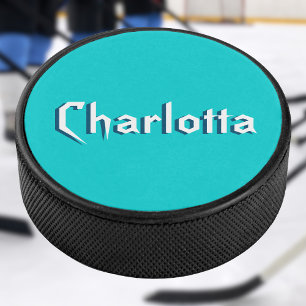 Moderne Witte 3D Aangepaste Naam   Turquoise blauw Hockey Puck