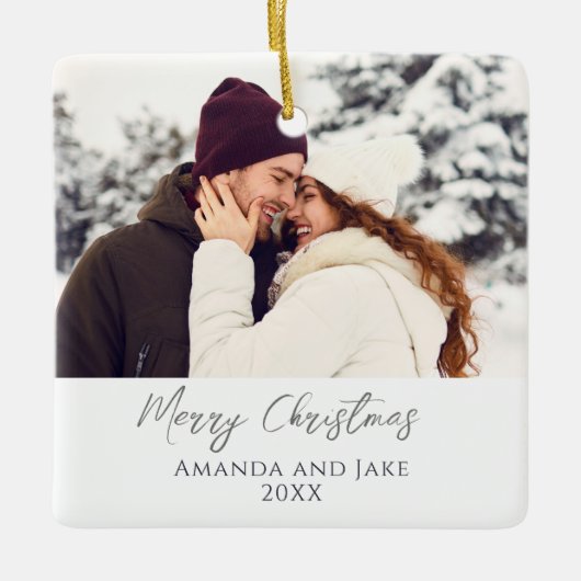 Moderne witte aangepaste vrolijke kerstfoto keramisch ornament (Voorkant)