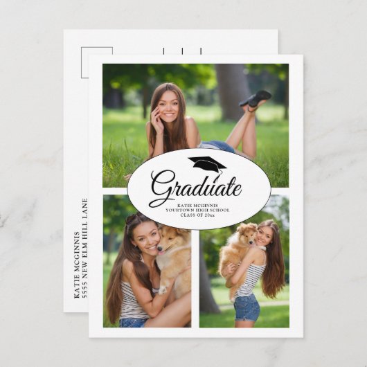 Moderne witte Afstuderen 3 Foto collage Uitnodiging Briefkaart (Voorkant / Achterkant)