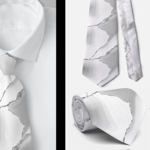 Moderne Witte Agaat Zilveren Abstracte Marmer Stropdas