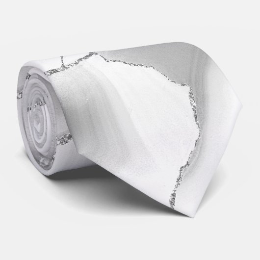 Moderne Witte Agaat Zilveren Abstracte Marmer Stropdas (Opgerold)