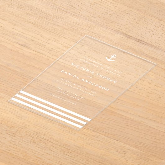 Moderne witte anker nautische bruiloft acryl uitnodigingen (Laagn)