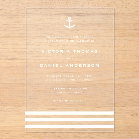 Moderne witte anker nautische bruiloft acryl uitnodigingen (Voorkant)