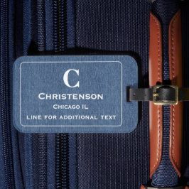 Moderne witte belettering op blauwe denim print bagagelabel