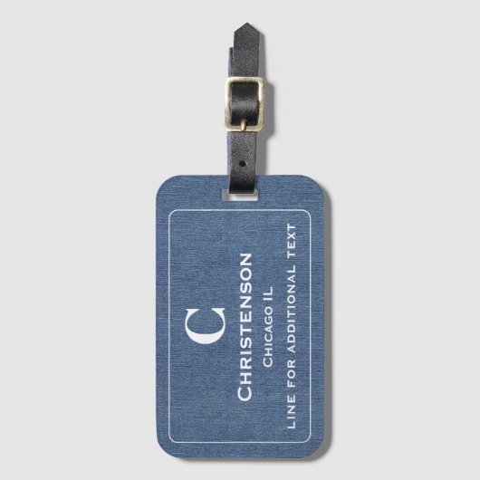 Moderne witte belettering op blauwe denim print bagagelabel (Voorkant (verticaal))