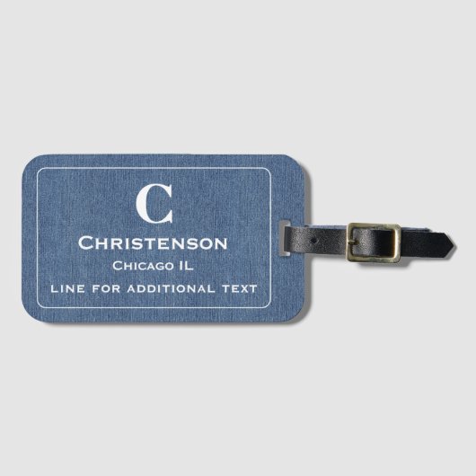 Moderne witte belettering op blauwe denim print bagagelabel (Voorkant (horizontaal))