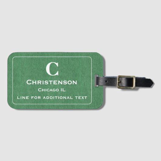 Moderne witte belettering op groene denim print bagagelabel (Voorkant (horizontaal))