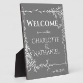 Moderne witte bladeren op grijs bruiloft Welkom Fotoplaat (Zijkant)