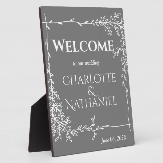 Moderne witte bladeren op grijs bruiloft Welkom Fotoplaat (Zijkant)