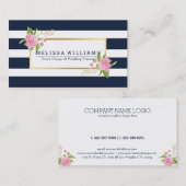 Moderne witte & blauwe strepen goud & bloemaccent visitekaartje (Voorkant / Achterkant)