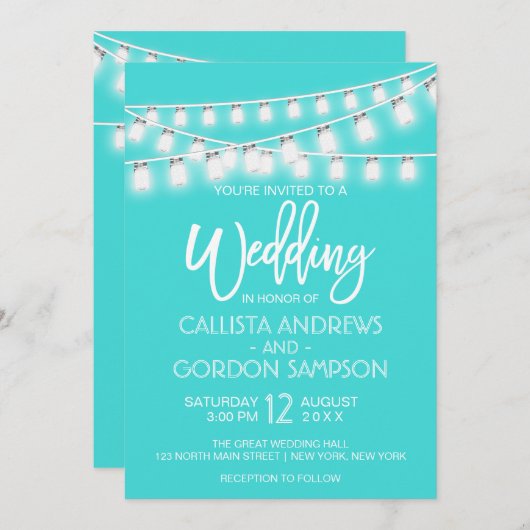 Moderne Witte Blauwgroen Mason Jar String Lights W Kaart (Voorkant / Achterkant)