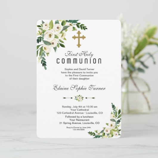 Moderne Witte Bloeiende Bloem Heilige Communie Kaart (Staand voorkant)