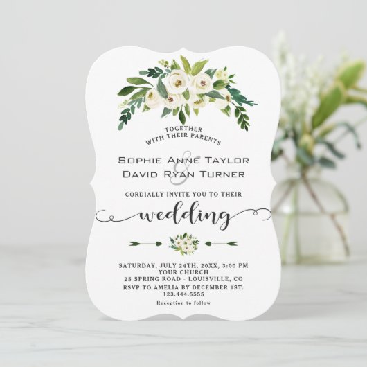 Moderne Witte Bloeiende Bloemige Handgeschreven Br Kaart (Staand voorkant)