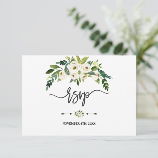 Moderne Witte Bloeiende Bloemige Handgeschreven RS RSVP Kaartje (Staand voorkant)