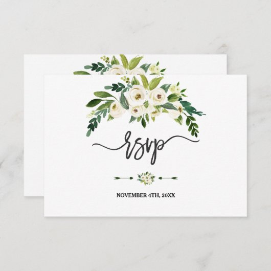 Moderne Witte Bloeiende Bloemige Handgeschreven RS RSVP Kaartje (Voorkant / Achterkant)