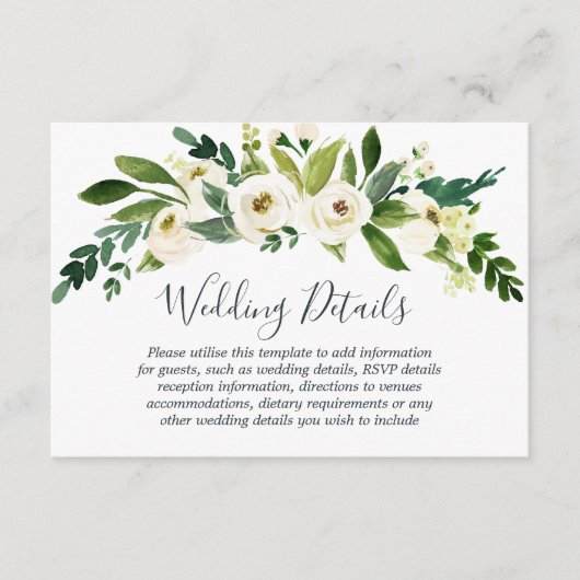 Moderne witte bloem botanische trouwdetails informatiekaartje (Voorkant)