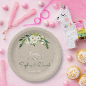 Moderne Witte Bloemen Burlap Handschrift Huwelijk Papieren Bordje (Feest)