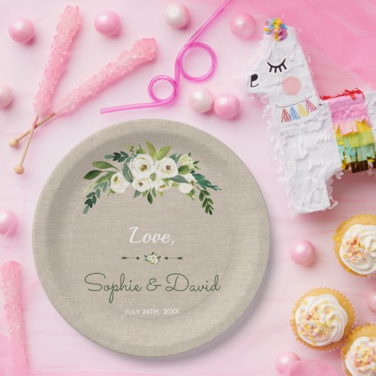 Moderne Witte Bloemen Burlap Handschrift Huwelijk Papieren Bordje (Feest)