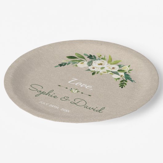 Moderne Witte Bloemen Burlap Handschrift Huwelijk Papieren Bordje (Gekanteld)