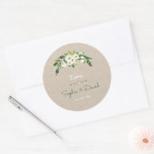 Moderne Witte Bloemen Burlap Handschrift Huwelijk Ronde Sticker (Envelop)
