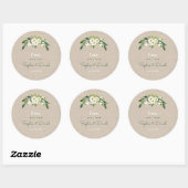 Moderne Witte Bloemen Burlap Handschrift Huwelijk Ronde Sticker (Vel)