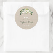 Moderne Witte Bloemen Burlap Handschrift Huwelijk Ronde Sticker (Tas)