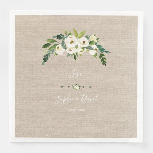 Moderne Witte Bloemen Burlap Handschrift Huwelijk Servet (Voorkant)