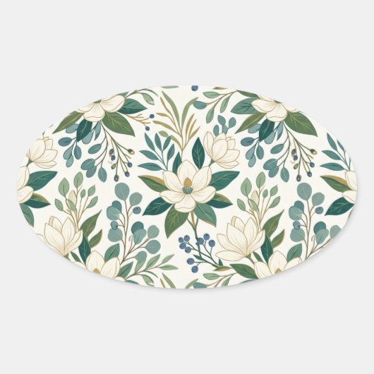 Moderne Witte Bloemen en Bessen Ovale Sticker (Voorkant)