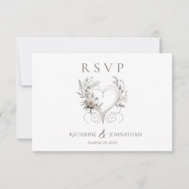 Moderne witte bloemen met een hart bruiloft RSVP kaartje