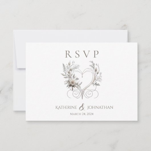 Moderne witte bloemen met een hart bruiloft RSVP kaartje (Voorkant)