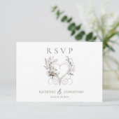 Moderne witte bloemen met een hart bruiloft RSVP kaartje (Staand voorkant)