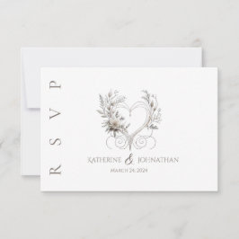 Moderne witte bloemen met een hart bruiloft RSVP kaartje