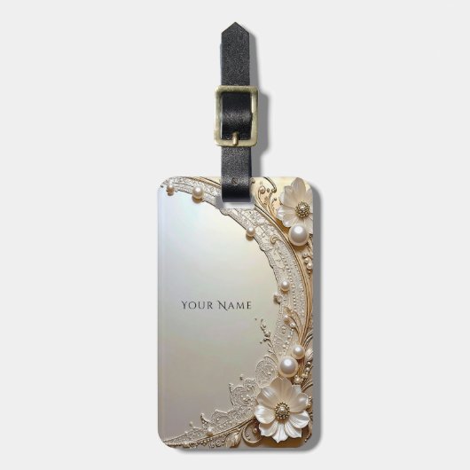 Moderne Witte Bloemen Parels Bagage Label (Voorkant verticaal)