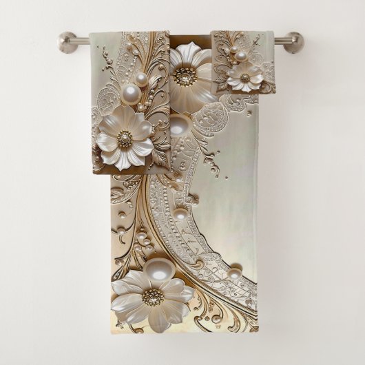 Moderne Witte Bloemen Parels Handdoeken Set (Insitu)