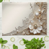 Moderne Witte Bloemen Parels Keukenhanddoek (Gevouwen)