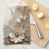 Moderne Witte Bloemen Parels Keukenhanddoek (Quarter Fold)