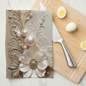 Moderne Witte Bloemen Parels Keukenhanddoek (Quarter Fold)