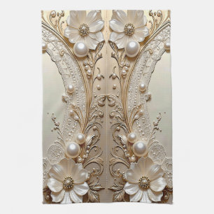 Moderne Witte Bloemen Parels Keukenhanddoek