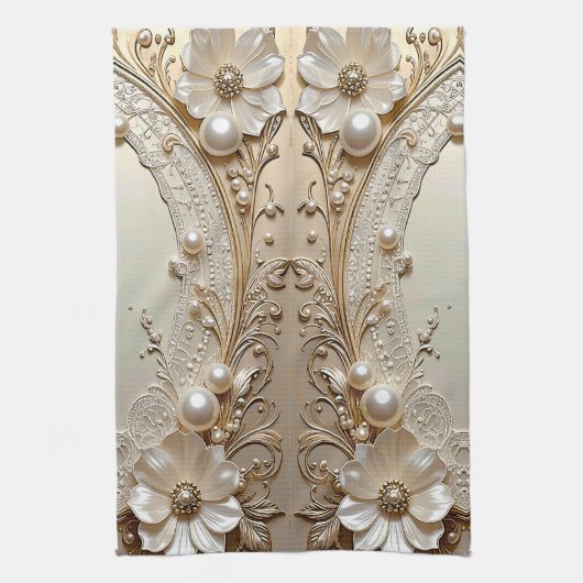 Moderne Witte Bloemen Parels Keukenhanddoek (Verticaal)