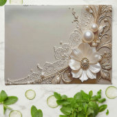 Moderne Witte Bloemen Parels Keukenhanddoek (Gevouwen)