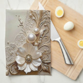 Moderne Witte Bloemen Parels Keukenhanddoek (Quarter Fold)