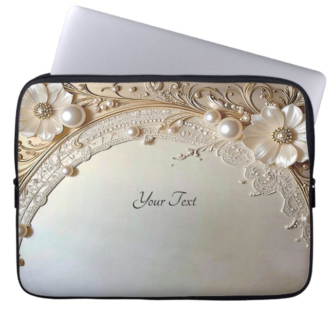 Moderne Witte Bloemen Parels Laptop Hoes (Voorkant)
