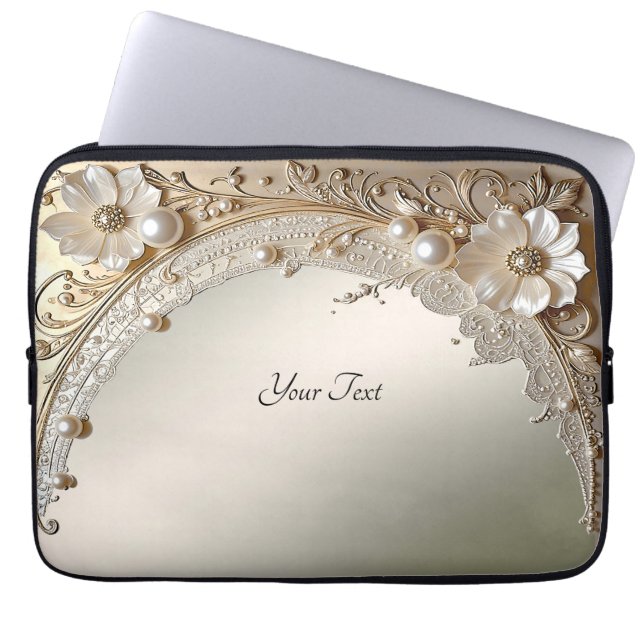 Moderne Witte Bloemen Parels Laptop Hoes (Voorkant)