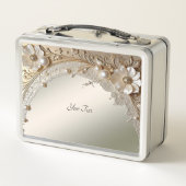 Moderne Witte Bloemen Parels Lunchbox (Achterkant)