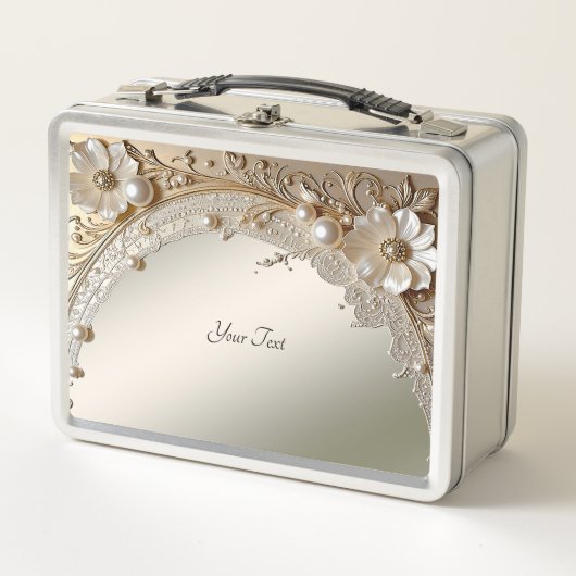 Moderne Witte Bloemen Parels Lunchbox (Voorkant)