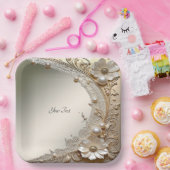 Moderne Witte Bloemen Parels Papieren Bord (Feest)