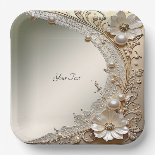 Moderne Witte Bloemen Parels Papieren Bord (Voorkant)