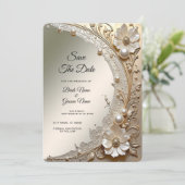 Moderne Witte Bloemen Parels Save the Date (Staand voorkant)
