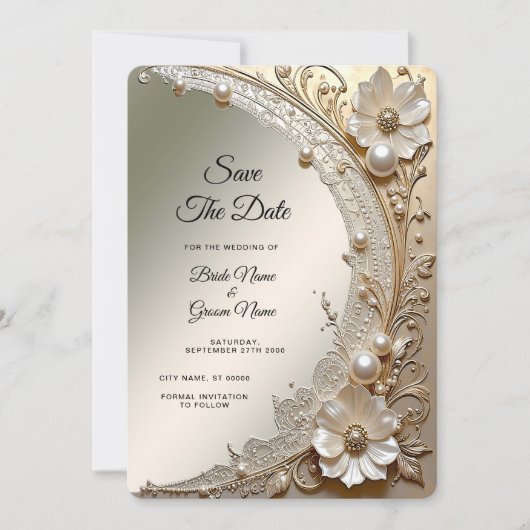 Moderne Witte Bloemen Parels Save the Date (Voorkant)